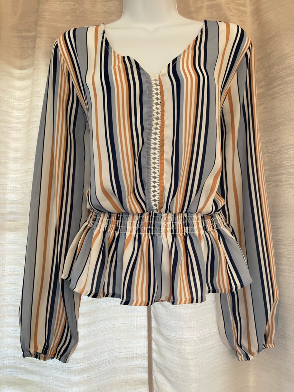 Rue21 Striped Long Sleeve Blouse with elastic Smocking Navy, Tan, Gray, Cream L